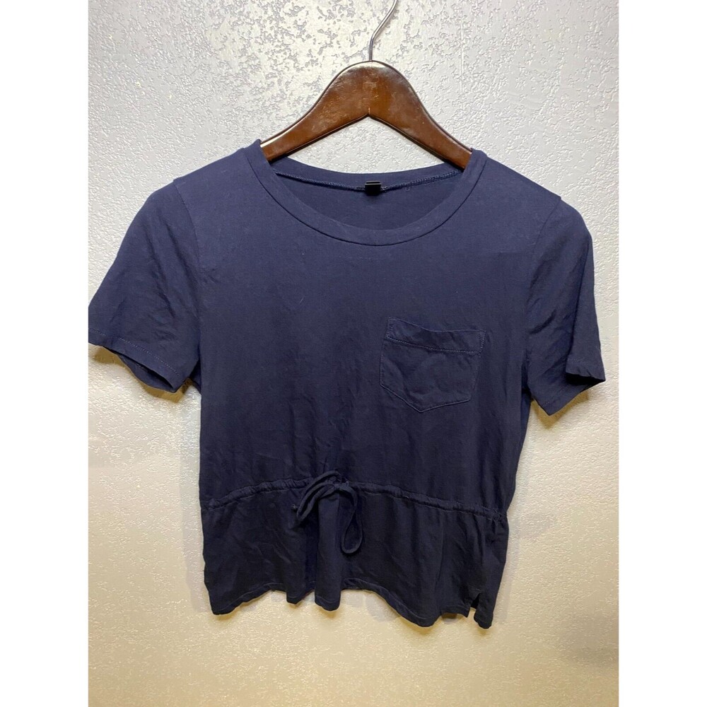 J.Crew Womens Top Cropped Navy Blue Boxy Fit Short Sleeve Drawstring Waist  XS